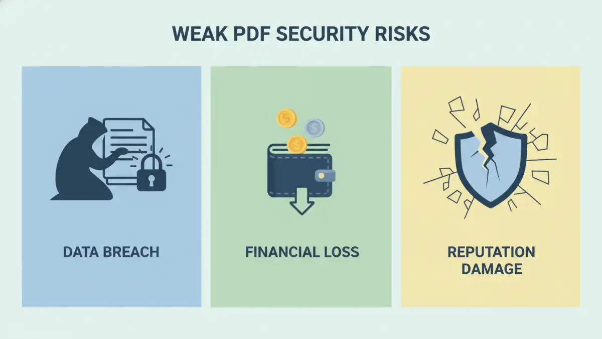 Infographic detailing the risks and consequences of weak PDF password security.