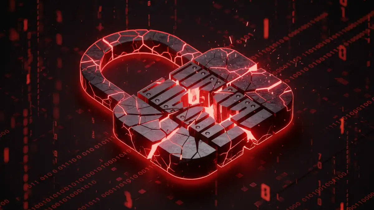 A broken padlock on a digital archive, illustrating zip encryption security risks