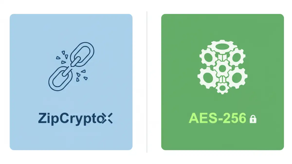 zip encryption security risks - Infographic comparing the weak ZipCrypto method to the strong AES-256 encryption standard